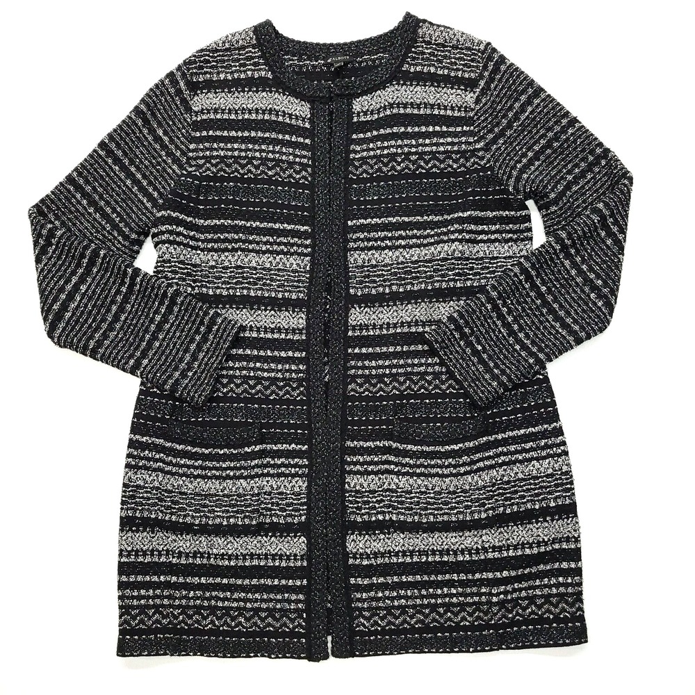 Talbots Cardigan‎ Women M Black White Cotton Metallic Open Front Duster Sweater